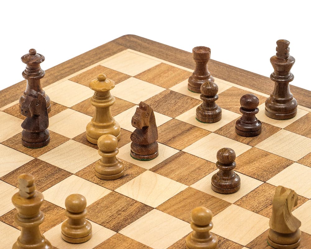 Deluxe hardwood folding travel magnetic chess set with Staunton-style wooden chessmen on a 10 inch board.