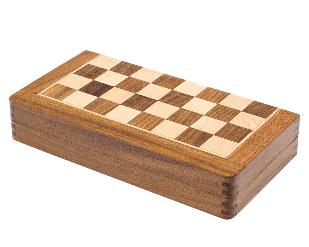 Deluxe 12 inch hardwood folding chess set with magnetic closure, hand inlaid and polished wood for travel, closed view.