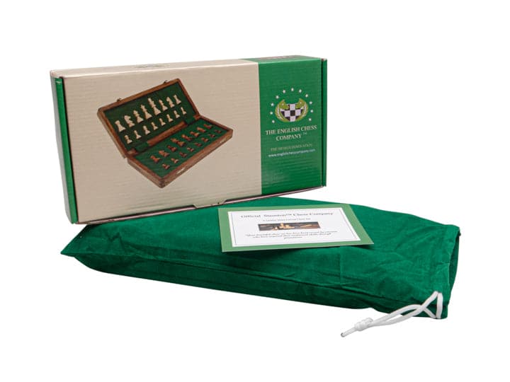 10 inch magnetic folding chess set with Staunton style wooden chessmen and green carrying bag