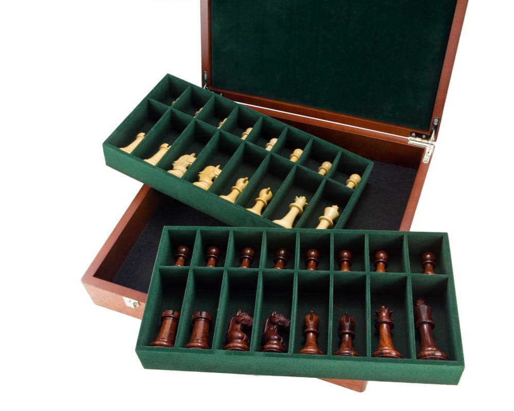 Root Wood Burl luxury 17-inch chess piece case with felt-lined compartments for 32 pieces, chrome-plated clasps, and padded lid open.