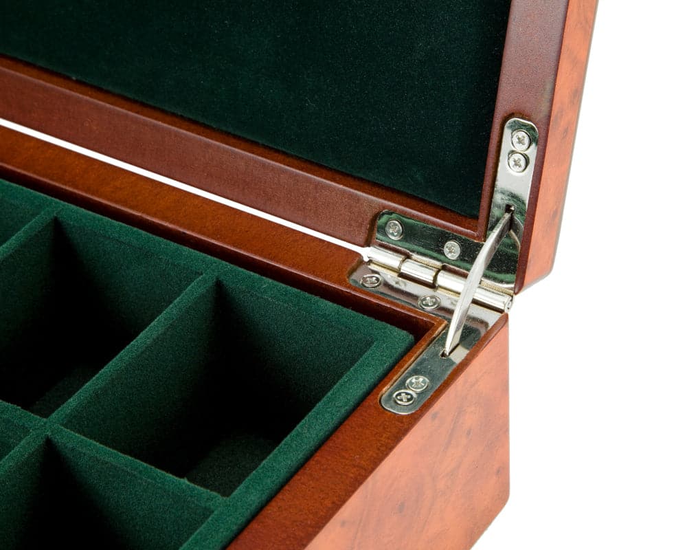 Close-up of Root Wood Burl Chess Piece Case with felt-lined compartments and chrome plated hinge.