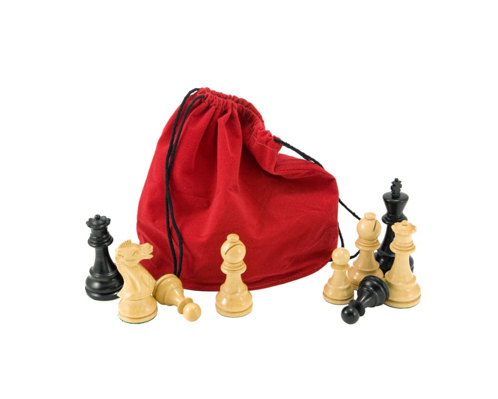 Red drawstring chess piece bag with chess pieces.