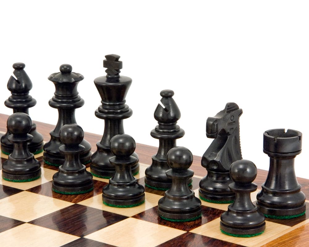 French Knight Series Ebonised Staunton Chess Pieces 3.25 Inches arranged on chessboard