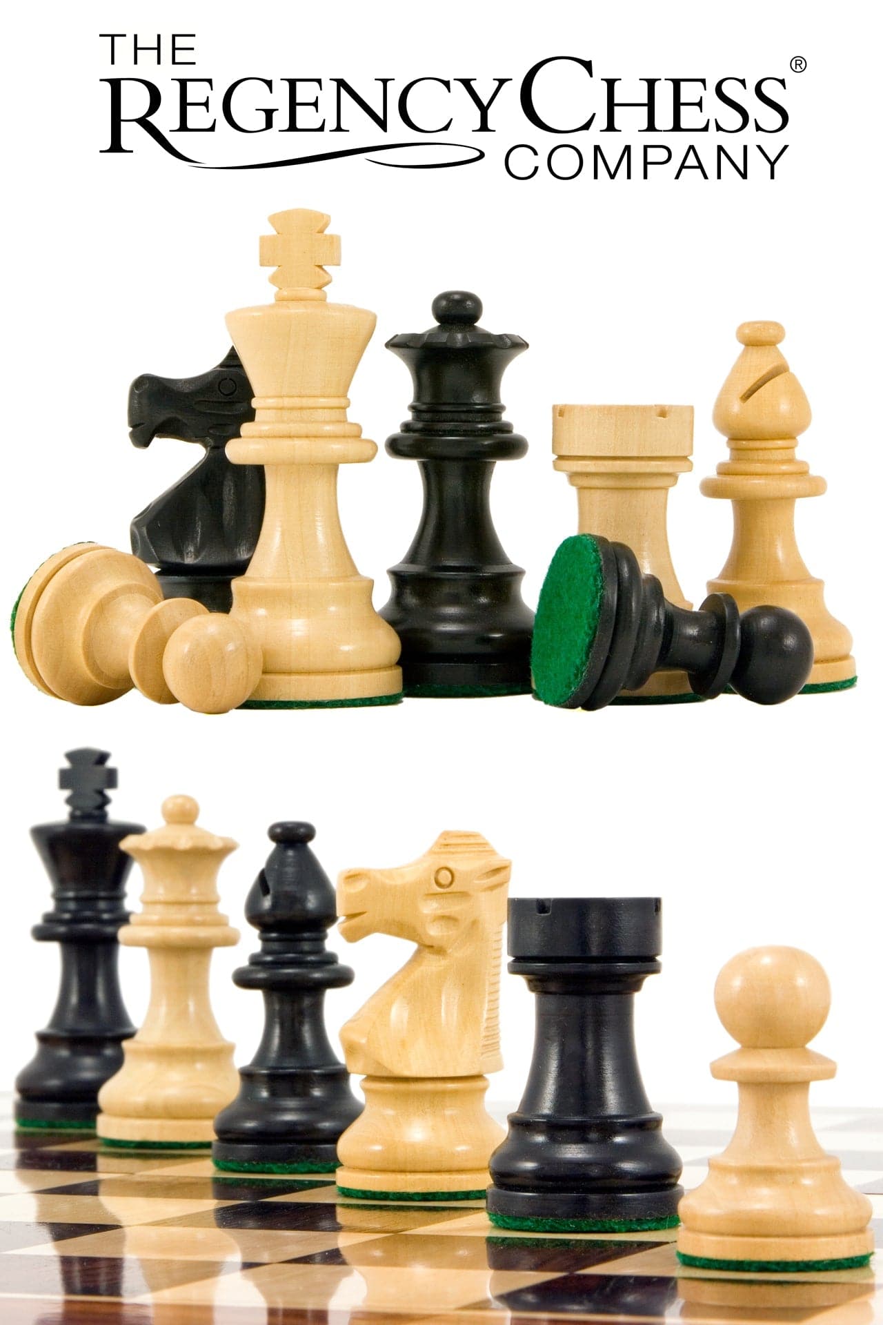 French Knight Series Ebonised Staunton Chess Pieces 3.25 Inches on chessboard by The Regency Chess Company