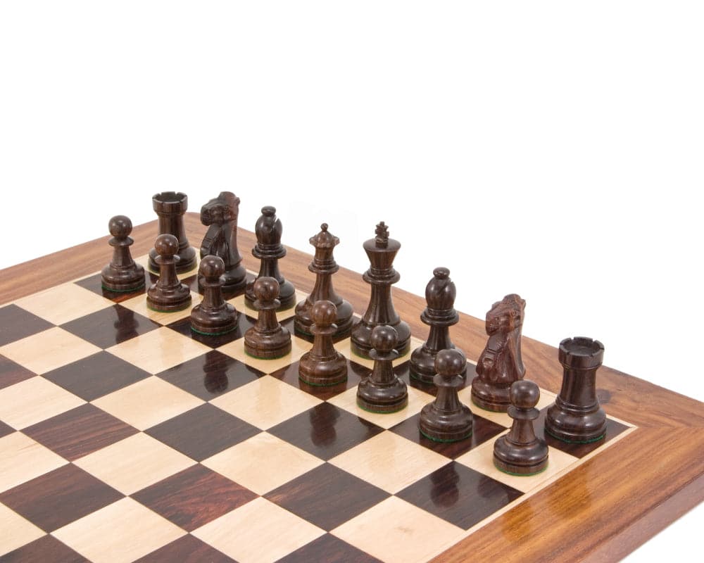 Supreme Series Rosewood Staunton chess pieces arranged on a chessboard, showcasing the classic 3.5 inch, beautifully crafted design.