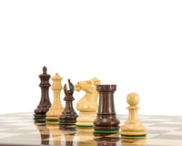 Windsor Series Rosewood Staunton chess pieces featuring 3-inch king and beautifully carved knight and bishop, on a chessboard.