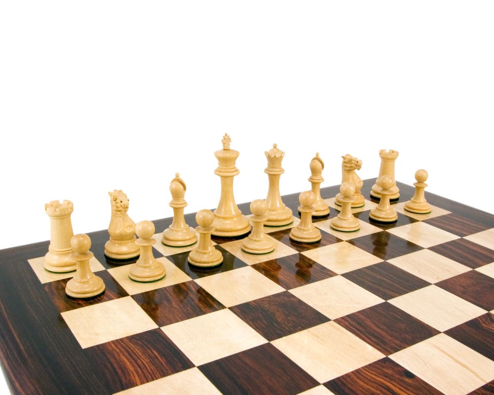 Old English Elite Series Ebony Staunton chess pieces on a board, classic vintage design, 3.5 inch king, suited for 20 inch board