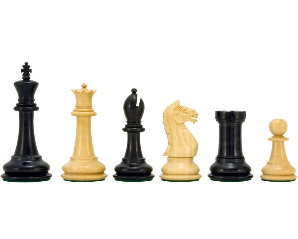 Oxford Series ebonised and natural boxwood chess pieces, 3.75 inches, hand crafted, weighted, and felted, set for 19-inch board