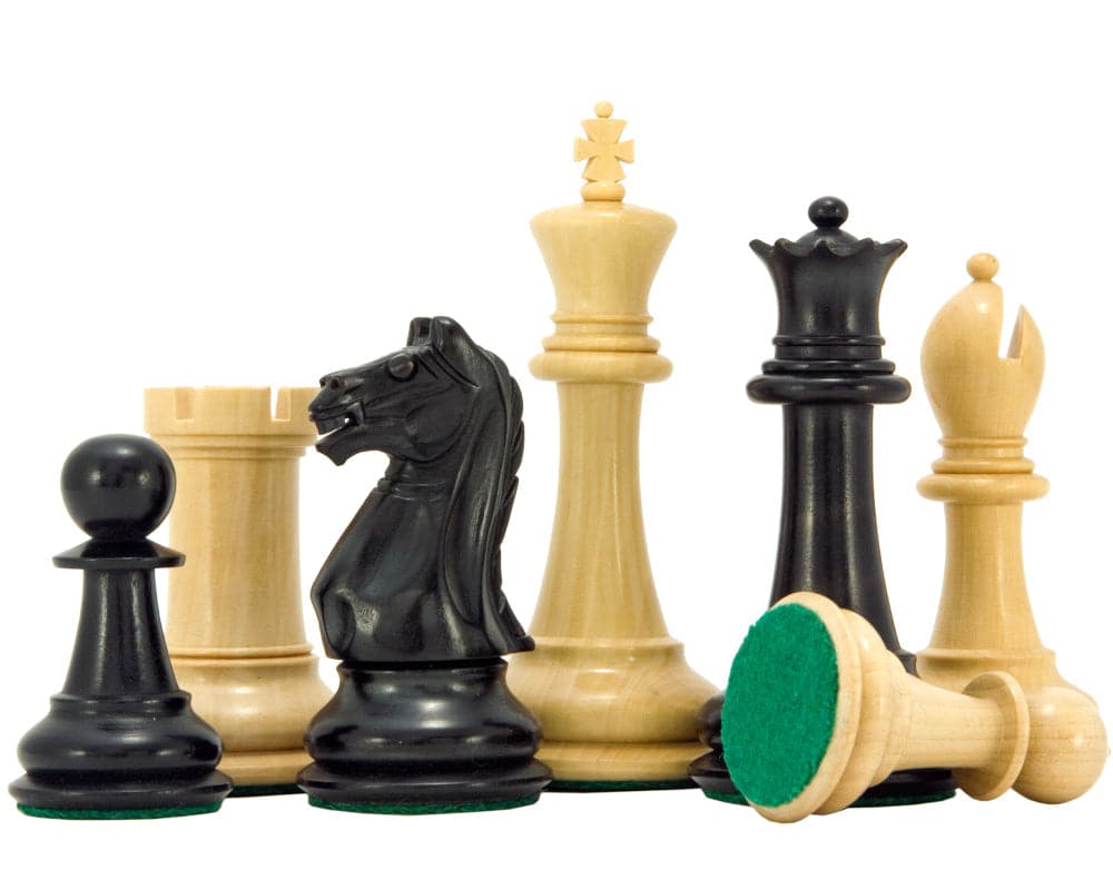 Hand crafted Oxford Series Ebonised Boxwood Chess Pieces with 3.75 inch king, perfect for 19 inch board, weighted and felted.