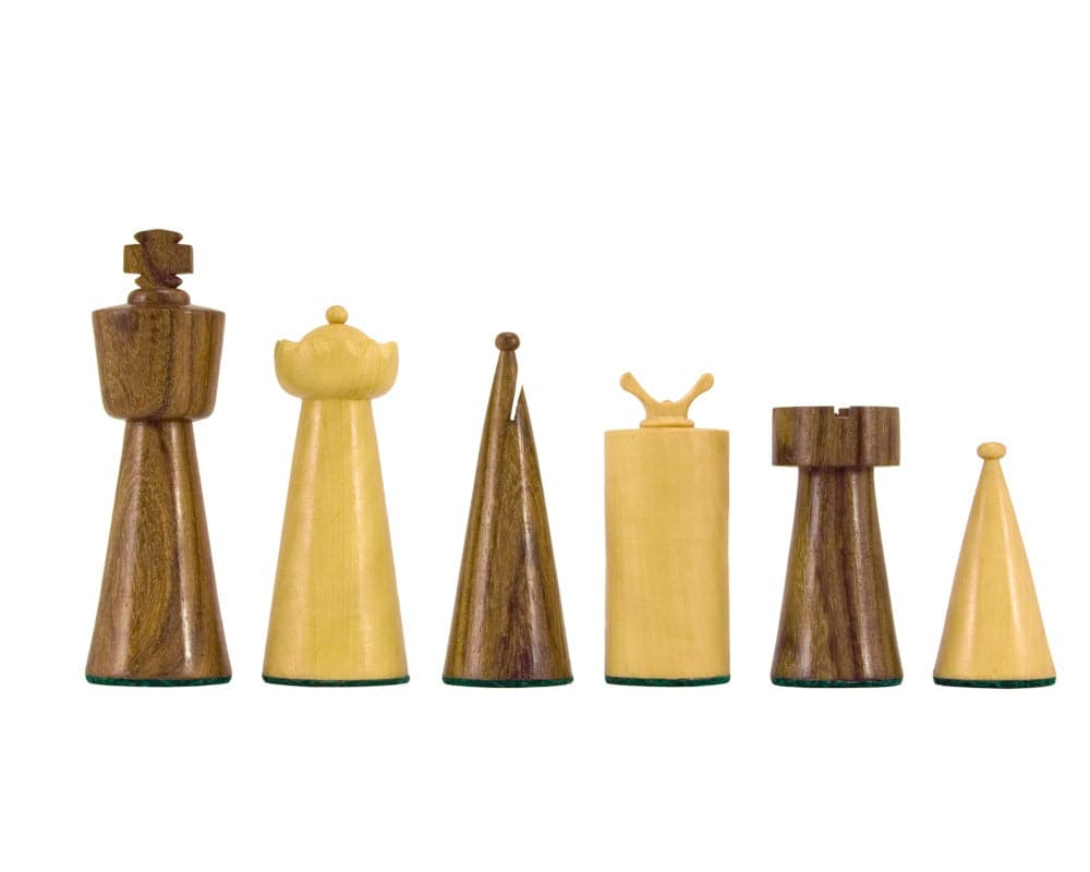 Art Deco Series Sheesham and Boxwood Chess Pieces featuring modern, cylindrically shaped 3.5-inch king, queen, bishop, knight, rook, and pawn.