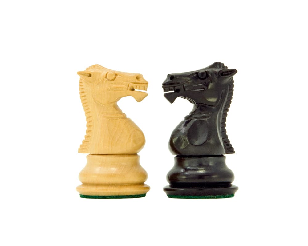 Two Windsor Series ebony and boxwood knight chess pieces in classic Staunton design