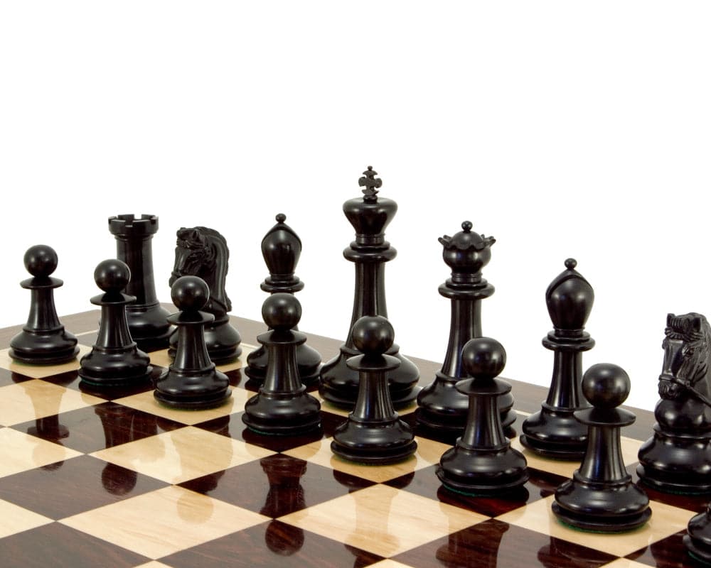 Monarch Series Ebony and Boxwood Luxury Chess Pieces on Chessboard