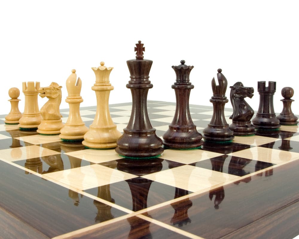 Sicilian Series Rosewood and Boxwood Chess Pieces on a 20-inch board, showcasing classic Staunton design, 3.75-inch king pieces.