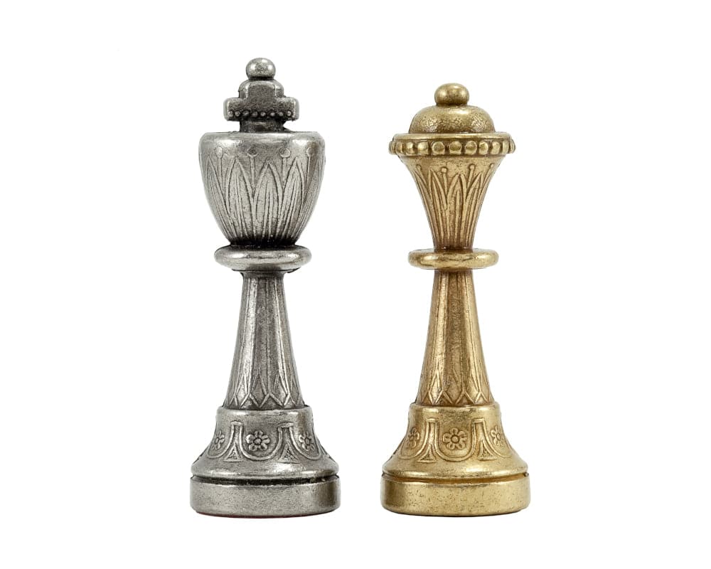 Finnesburg Series brass and nickel chess pieces featuring detailed craftsmanship by Mastellone Giuseppe