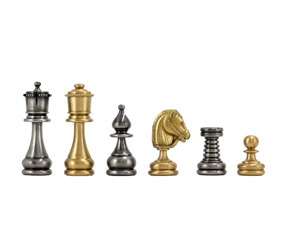 Verona Series 2.75" Brass and Nickel Chess Pieces with Staunton design, including king, queen, bishop, knight, rook, and pawn