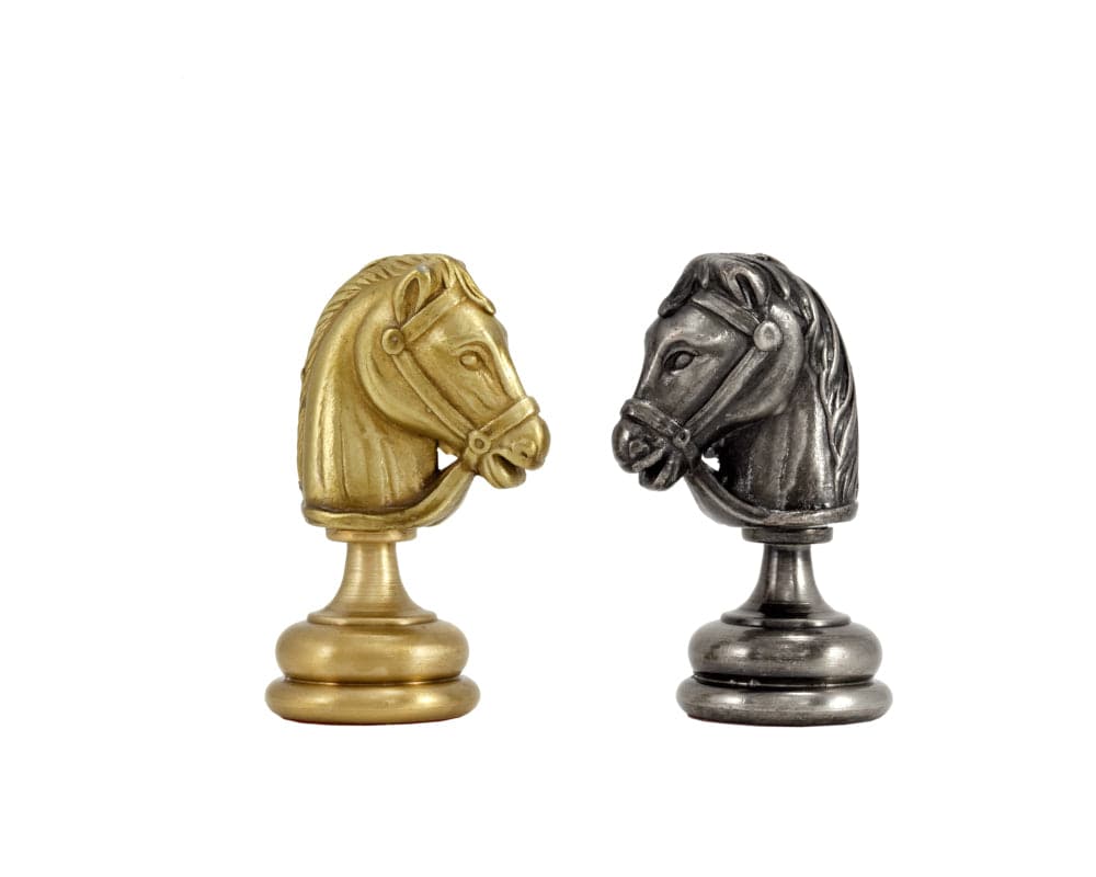 Verona Series brass and nickel knight chess pieces, beautifully crafted in Italy, perfect for 17 or 18-inch chess boards.