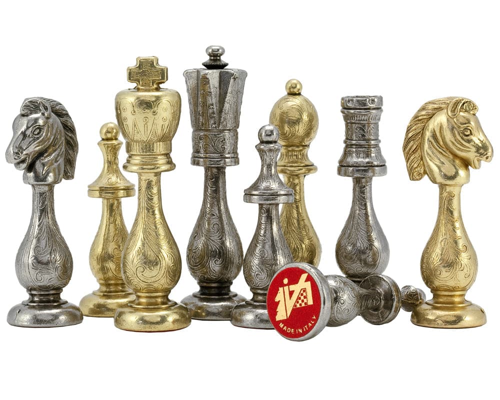 Maghreb brass and nickel chess pieces with intricate filigree detail, handmade in Italy, showcasing 4-inch king, suited for 50 cm board.