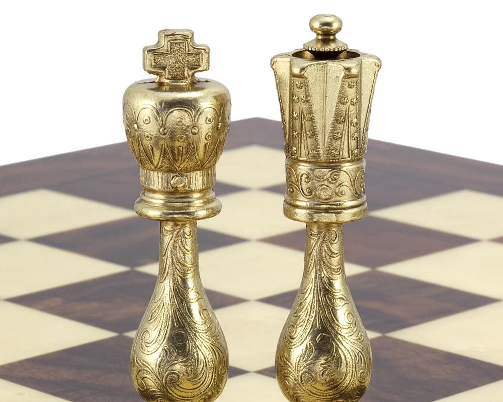 Maghreb Brass and Nickel Chess Pieces with Filigree Detail on a Chessboard, Crafted in Italy, 4 Inch King