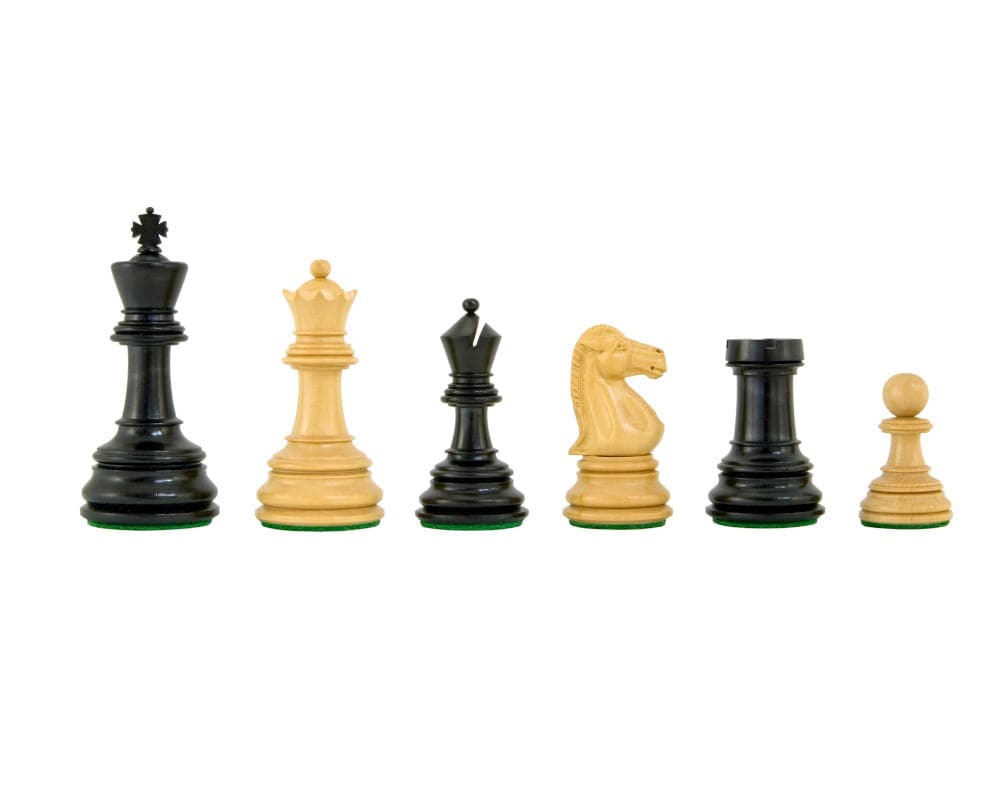 Handcrafted Cheltenham Series ebony and boxwood luxury chess pieces with 3.75-inch king and felted bases.