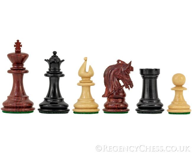 Corinthian Tres Corone luxury chess pieces in three exotic woods, handcrafted Staunton design, 2.5 inch king, three extra queens, weighted for balance