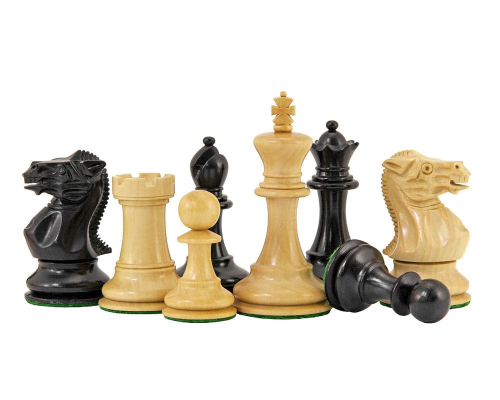 Highgrove Series Ebony and Boxwood Staunton Chess Pieces with 3-inch King on Display