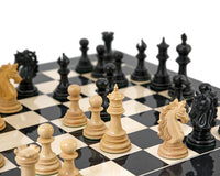 Constantine Luxury Ebony Chess Pieces on chessboard showcasing intricate craftsmanship and stunning detail, perfect for 21 inch board.