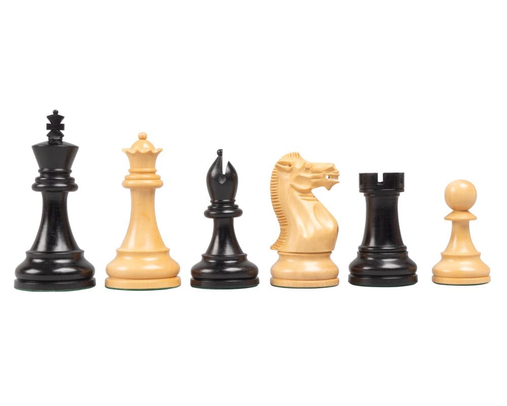 3.75 Competition Staunton Chess Pieces in wooden case featuring luxury detailed boxwood and ebonised boxwood pieces with a 95 mm king.