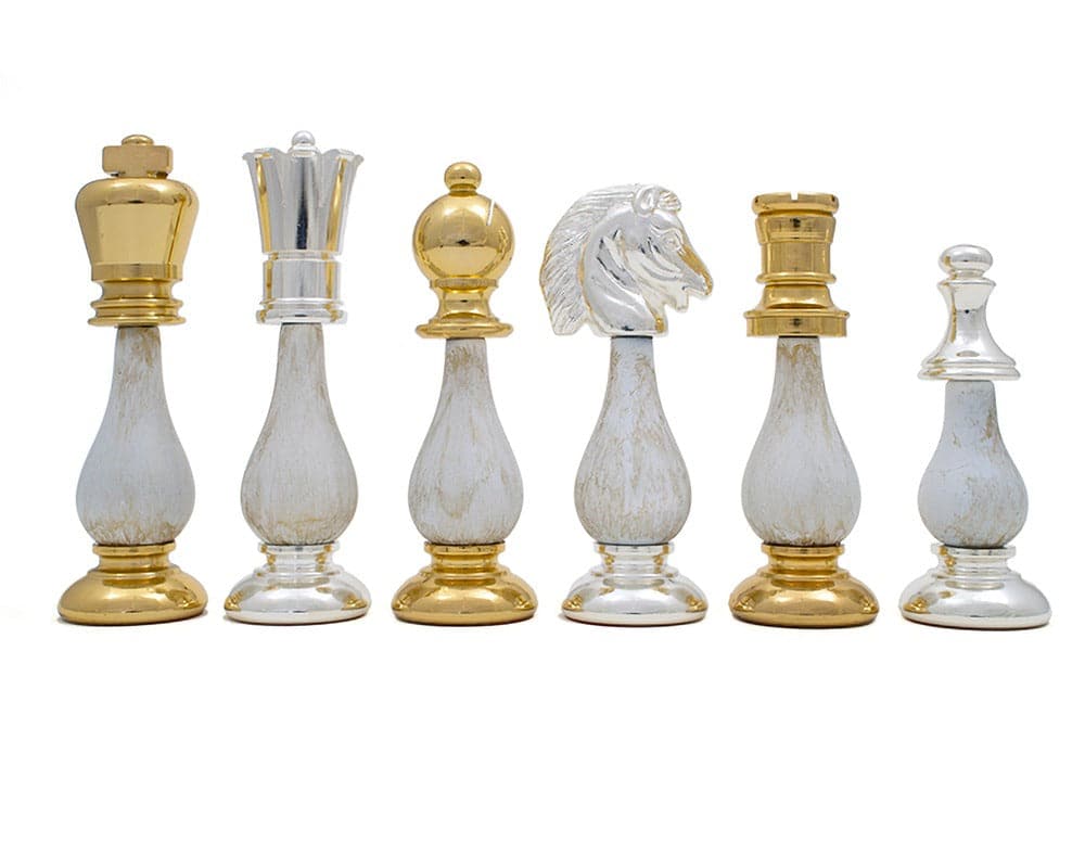 The San Severeo 24 Carat Gold and 990 Silver Plated Chess Pieces crafted in Italy, ideal for a 17-inch board.