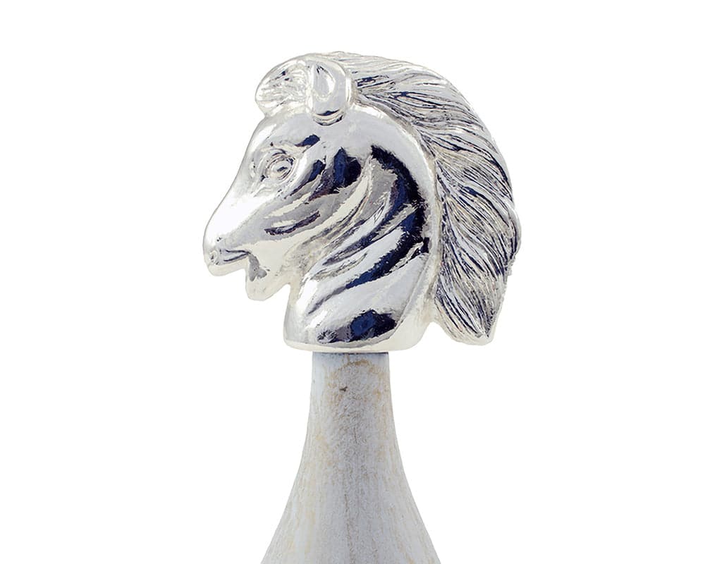 Close-up of the San Severeo 990 silver-plated knight chess piece from the luxurious Italian-crafted set.