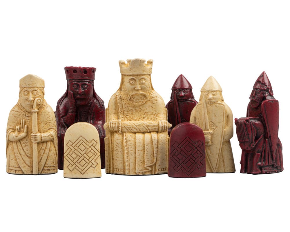 Isle of Lewis 3.25" red and ivory hand made chess pieces set in the UK, created from crushed stone resin material.