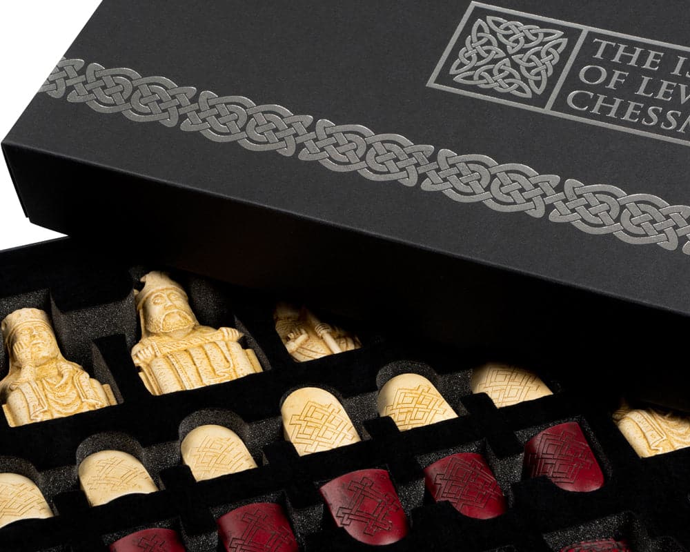 Isle of Lewis 3.25" Red Chessmen Official Ltd Edition Set by The Regency Chess Company in black display box.