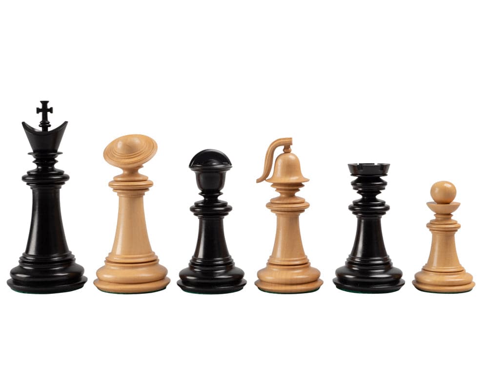 Greek Staunton Ebony Series large chess pieces crafted from acacia and boxwood, with weighted and felted bases, featuring a 4-inch king.