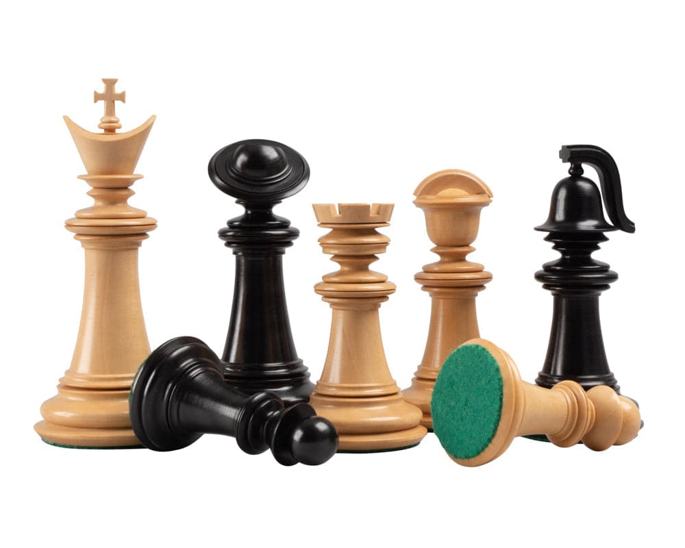 The Greek Staunton Ebony Series chess pieces crafted from acacia, showcasing large, quality, weighted, and felted chessmen on a Greek board.