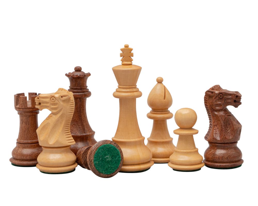 3.5 Inch Classic Staunton Chessmen in Acacia and Boxwood featuring a weighted and felted king, rooks, knights, bishops, and pawns.