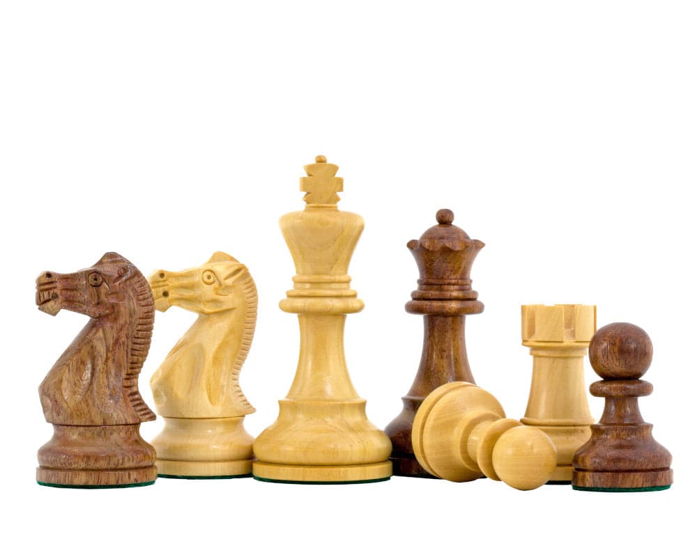 Hand-carved American Staunton chess pieces in Sheesham and Boxwood, featuring a 3.75 inch king, ideal for 20 inch boards.