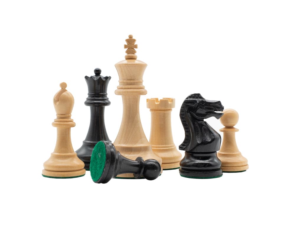 The Coronation Luxury Ebony Miniature Chess Men wooden and ebony chess pieces set on display