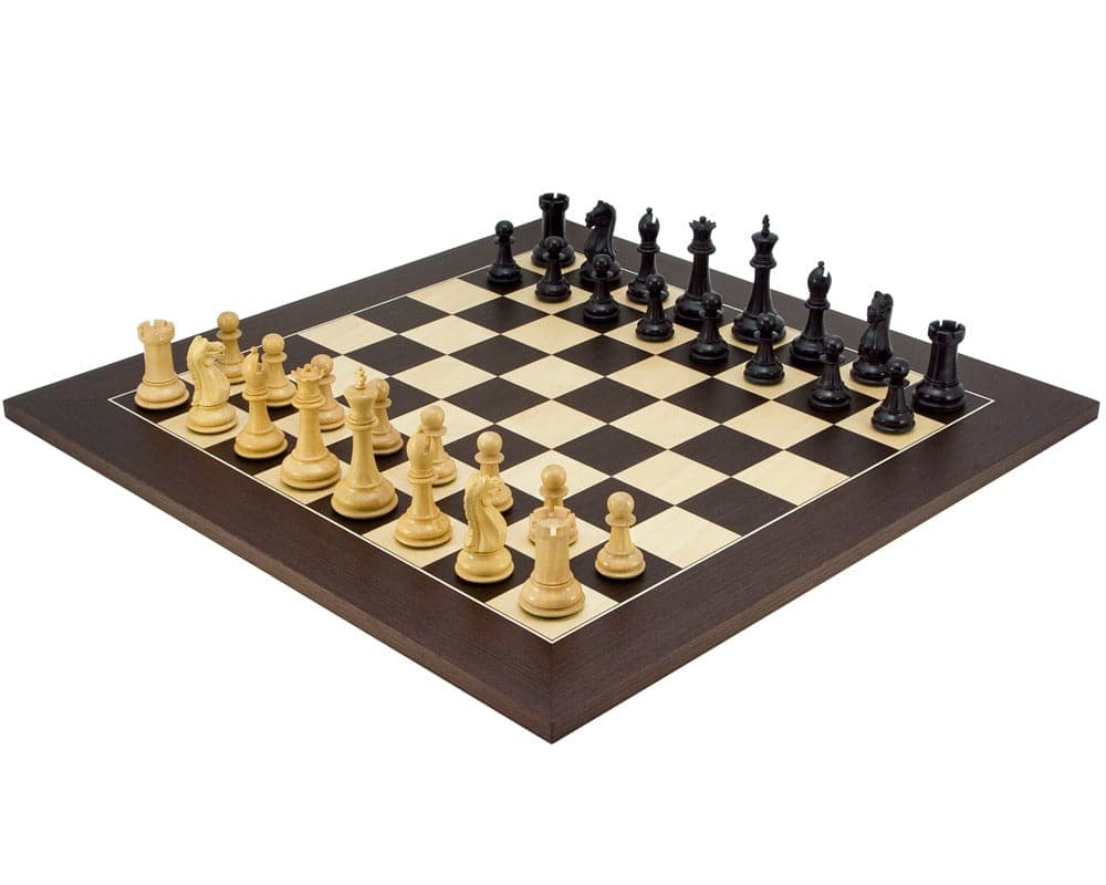 Oxford Series Black and Wenge Chess Set on wenge and maple board with handcrafted Staunton chessmen, 3.75 inch king, perfectly balanced