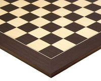 Close-up of the Oxford Series Black and Wenge Staunton chessboard, featuring a 19.7-inch wenge and maple design.