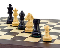 Down Head Classic Wenge Deluxe Chess Set with Staunton pieces on chessboard, featuring boxwood and ebonized hardwood chess pieces.