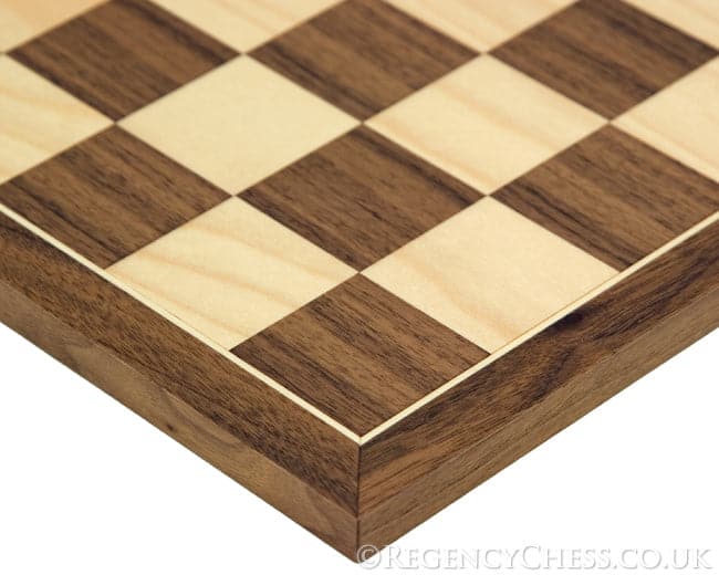 Close-up of a walnut and maple chessboard from the Down Head Knight Academy Large Chess Set, showcasing its fine craftsmanship and design.