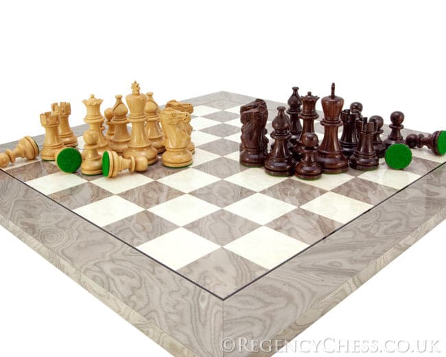 Atlantic Rosewood and Ash Burl Chess Set with handcrafted pieces on a grey ash burl board