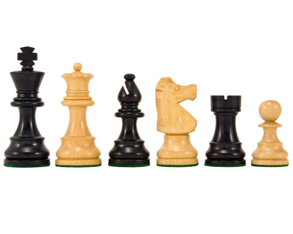 French Knight Black Mahogany Chess Set handcrafted chessmen in black and natural boxwood with weighted billiard cloth bases.