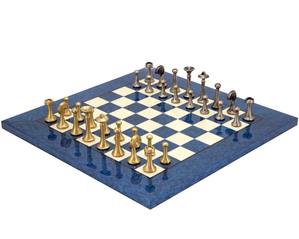 Blue Metropolis Chess Set with solid Brass and Nickel plated Brass pieces on a stylish blue board designed by Italian artisans.