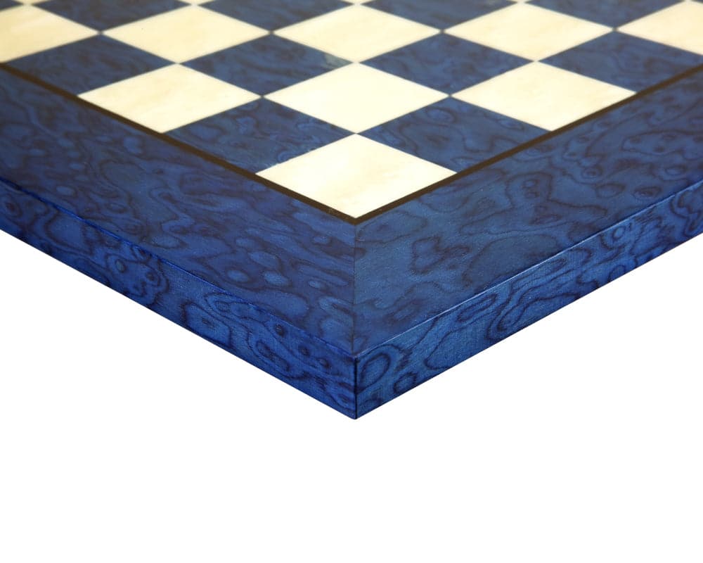 Close-up of Blue Metropolis Chess Set board corner, featuring a detailed blue and white chessboard design crafted by Italian artisans.