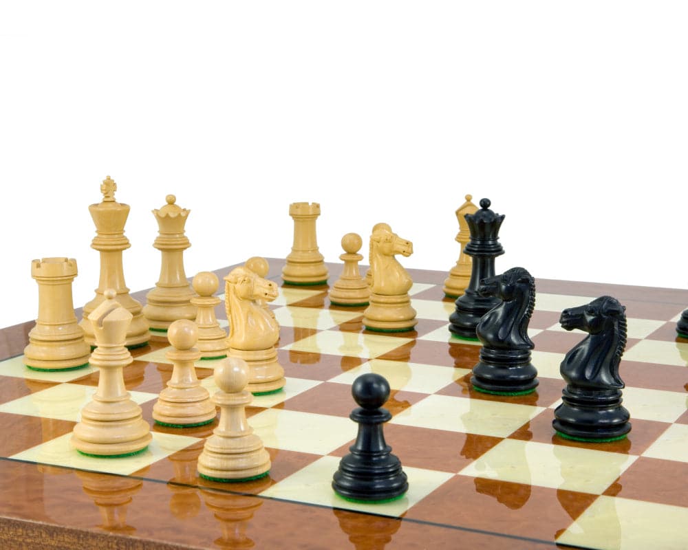 Cheltenham Ebony and Rootwood Grand Chess Set on Italian board with handcrafted ebony and ivory pieces