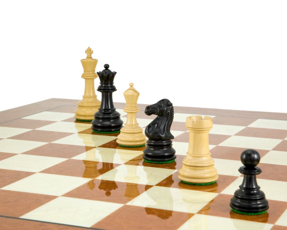 Ebony and rootwood chess pieces on a 24-inch Italian chess board from Cheltenham Grand Chess Set