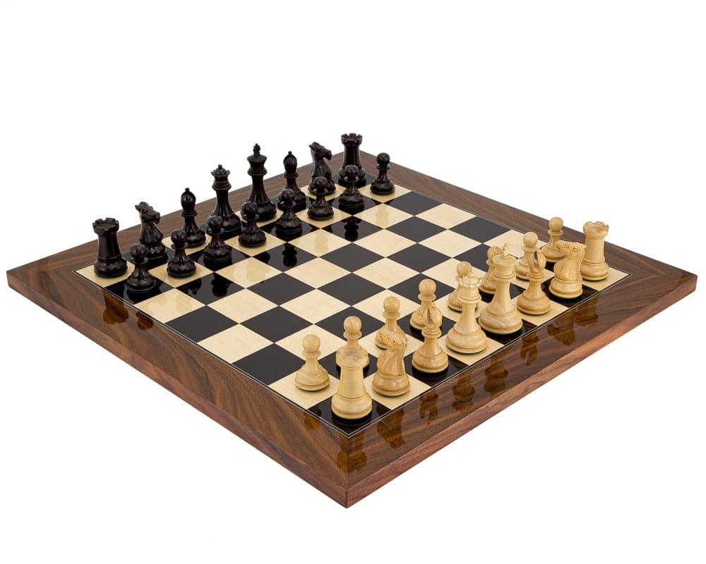 Elegant Palisander Chess Set with classic Staunton design pieces on high gloss palisander board, featuring a 3-inch king and balanced, weighted pieces.