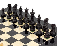Black Flower Chess Set with Handcrafted Staunton Pieces on Glossy Black Anegro Chessboard
