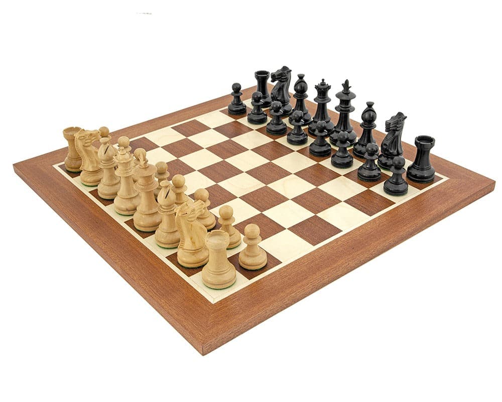 Royal Flower Mahogany Chess Set with ebonised boxwood and maple veneer board set up for a game