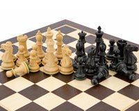 Victoria Ebonised Wenge Tournament Chess Set with 3.75 inch king on a wenge and birch wood board.